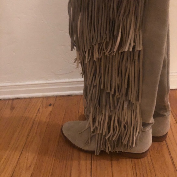 New Zara Moccasins Knee High Fringe Boots Leather - Picture 9 of 10
